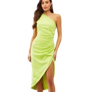 Elliatt Casini Chartreuse One Shoulder Ruched Midi Cocktail Dress Satin XS